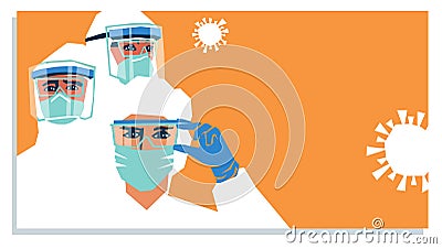 Medical staff wearing PPE, personal protective equipment to care for coronavirus covid-19 patients Vector Illustration