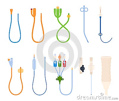 Medical sterile catheters for patient treatment. Medical tools for accessing blood vessels and internal organs. Vector Vector Illustration