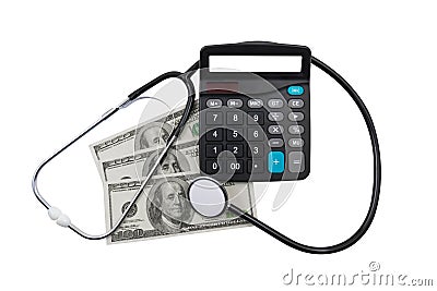 Medical stethoscope, calculator and money (dollars) on a transparent background (clipping path included) Stock Photo