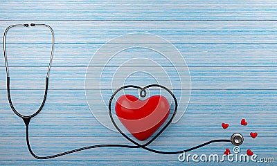 Medical stethoscope and Heart pulse red On the blue plank floor. Small and large red heart shaped models. 3D Rendering Stock Photo