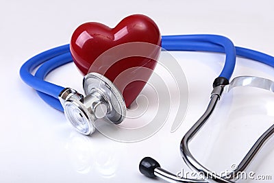 Medical stethoscope and red heart on white background. you can place your text. Stock Photo