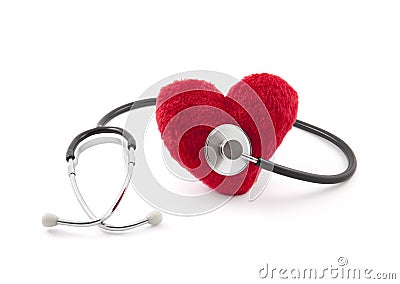 Medical stethoscope with red plush heart Stock Photo