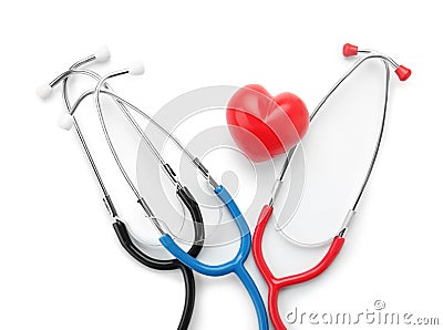 Medical stethoscopes with heart on white background. Health care concept Stock Photo