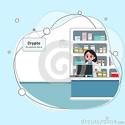 Medical store with banner all crypto currencies accepted. Stock Photo