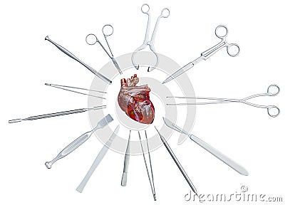 Medical surgical instruments around the human heart. 3D illustration. Cartoon Illustration