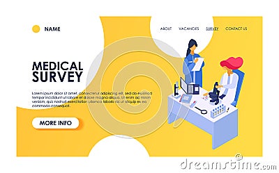 Medical survey vector woman man patient character has medic check up examination by doctor at hospital illustration set Vector Illustration