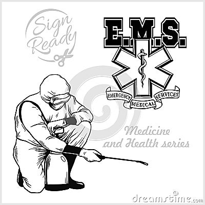 Medical symbol of the Emergency. Man in hazmat suit cleaning and disinfecting coronavirus cells epidemic mers-CoV virus Vector Illustration