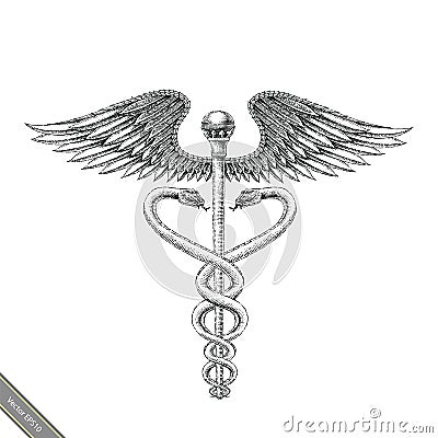 Medical symbol hand drawing vintage style.Aesculapius hand drawing engraving style black and white logo Stock Photo