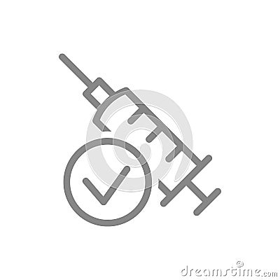 Medical syringe and check mark line icon. New sterile syringe, injection, successful vaccination symbol Vector Illustration