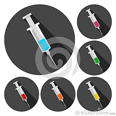 Medical syringe icons set with long shadow Vector Illustration