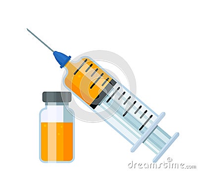 Medical syringe with a needle and medicine inside. The concept of treatment and health. flat vector illustration Vector Illustration