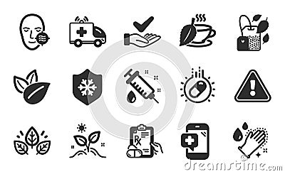 Medical syringe, Problem skin and Capsule pill icons set. Organic product, Grow plant and Clean skin signs. Vector Vector Illustration