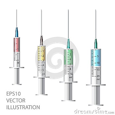 Medical syringe. Set of disposable plastic syringes of different sizes for subcutaneous and intramuscular injections Vector Illustration