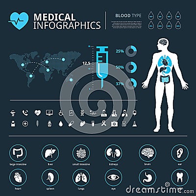 Medical system connections icon set on dark backgroundMedical human organs icon set with human body and world map info graphic Stock Photo