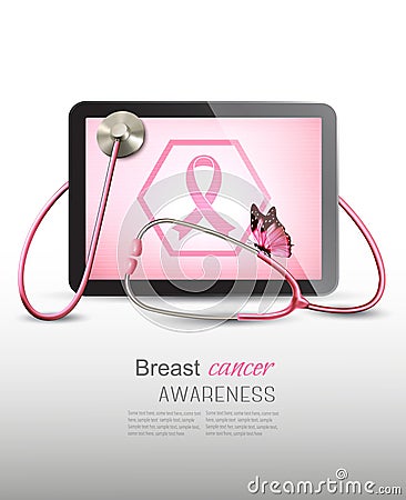Medical tablet with breast cancer awareness symbol Vector Illustration