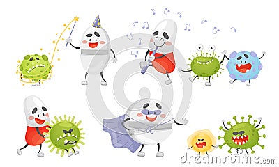 Medical Tablets and Pills Fighting Against Virus and Microbes Vector Set Vector Illustration