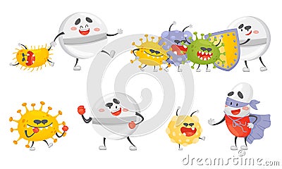 Medical Tablets and Pills Fighting Against Virus and Microbes Vector Set Vector Illustration