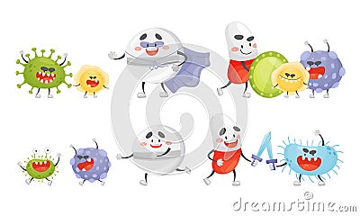 Medical Tablets and Pills Fighting Against Virus and Microbes Vector Set Vector Illustration