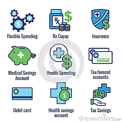 Medical Tax Savings - Health savings account or flexible spending account has HSA, FSA, tax-sheltered savings Vector Illustration