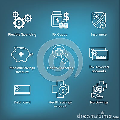 Medical Tax Savings - Health savings account or flexible spending account has HSA, FSA, tax-sheltered savings Vector Illustration