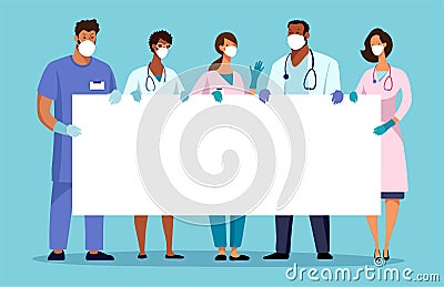 Medical team with a banner, place for text. Template for the design of the hospital, ambulance. Thanks to the doctors. Flat Cartoon Illustration