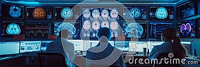 A medical team in a control room monitoring a live brain scan session with multiple screens showing different angles and Stock Photo