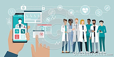 Medical team and healthcare app Vector Illustration