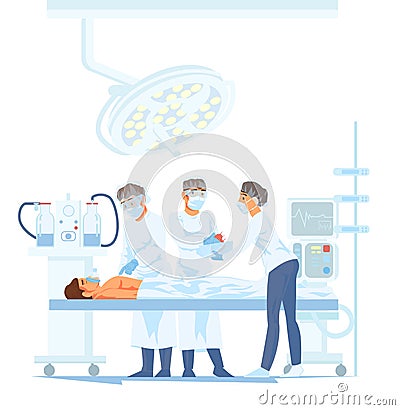 Medical Team Performing Surgical Operation in Modern Operating Room. Vector Illustration