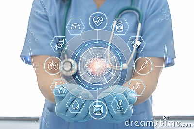 Medical tech science, ai health technology with surgical doctor on telehealth, telemedicine and iot global healthcare Stock Photo