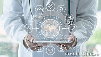 Medical tech science, innovative iot global healthcare ai technology, World health day with doctor on telehealth, telemedicine Stock Photo