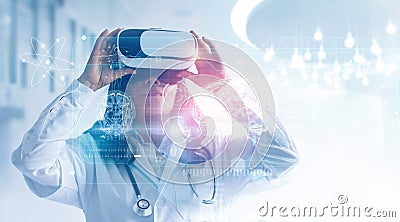 Medical technology concept. Mixed media. Female doctor wearing virtual reality glasses. Checking brain testing result with simulat Stock Photo