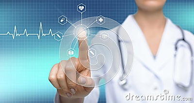 Medical Technology. Female doctor`s hand touching virtual screen with med healthcare icons Stock Photo