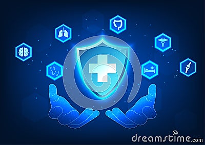 Medical technology A hand is holding a shield with the Medical Neutrality symbol with medical icons on the side. Refers to modern Vector Illustration