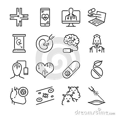 Medical Technology line icon set. Included the icons as online doctor nano capsule, nano robot, clone, digital brain and more. Vector Illustration