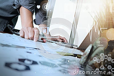 Medical technology network team concept. Doctor hand working wit Stock Photo