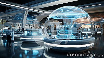 Medical technology with robotic assisted surgery in operating room with treatment beds. Sci fi futuristic interior Stock Photo