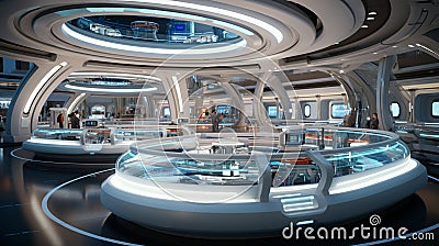 Medical technology with robotic assisted surgery in operating room with treatment beds. Sci fi futuristic interior Stock Photo