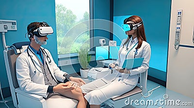 Doctors and patients use VR technology. Future medical technology uses AI robots for diagnosis. Stock Photo