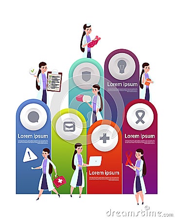 Medical Template Infographic Elements Background With Team Of Female Doctors Vector Illustration