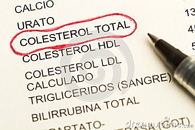 Medical test check printed in a white sheet and with a pen cholesterol Stock Photo