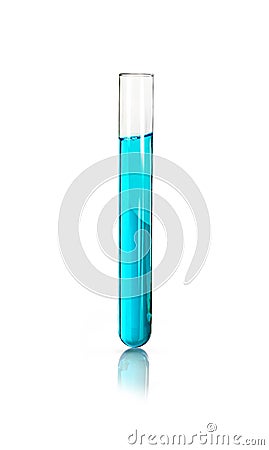 Medical test tube with blue liquid isolated on white Stock Photo