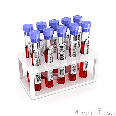 Medical test tubes with blood in holder Stock Photo