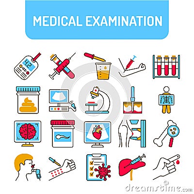 Medical tests color line icons set. Laboratory diagnostics. Pictograms for web, mobile app, promo. UI UX design element Vector Illustration