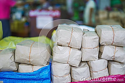 Medical Thai Herb in Vintage brown Packgaging for sales in Traditional Thai Heab Shop Stock Photo