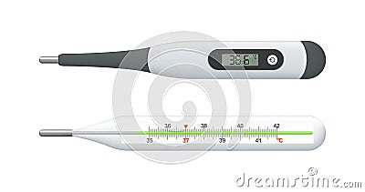 Medical thermometer. Digital and mercury meter. Realistic electronic thermometer for fever. Scale temperature celsius for Vector Illustration