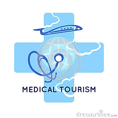 Medical tourism concept symbol background. Medical stethoscope on globe, airplane and cross as medical sign. Template logo, Vector Illustration