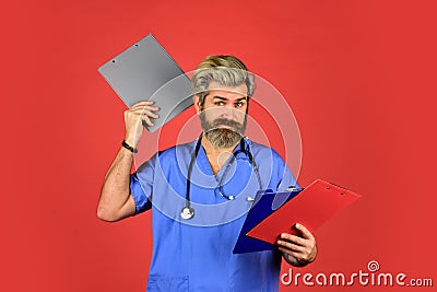 Medical treatment concept. Virus infection bacteria. Hospital department. Man bearded handsome doctor work at hospital Stock Photo