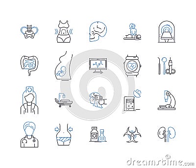 Medical treatment line icons collection. Surgery, Chemotherapy, Radiation, Therapy, Prescription, Medication, Diagnosis Vector Illustration