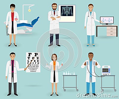 Medical treatment set with doctors of different specialties. Medicine staff occupation. Group of hospital employee. Vector Illustration