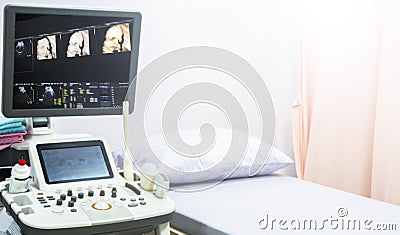 Medical ultrasound machine with linear probes in a hospital diagnostic room. Modern medical equipment, preventional medicine and h Stock Photo
